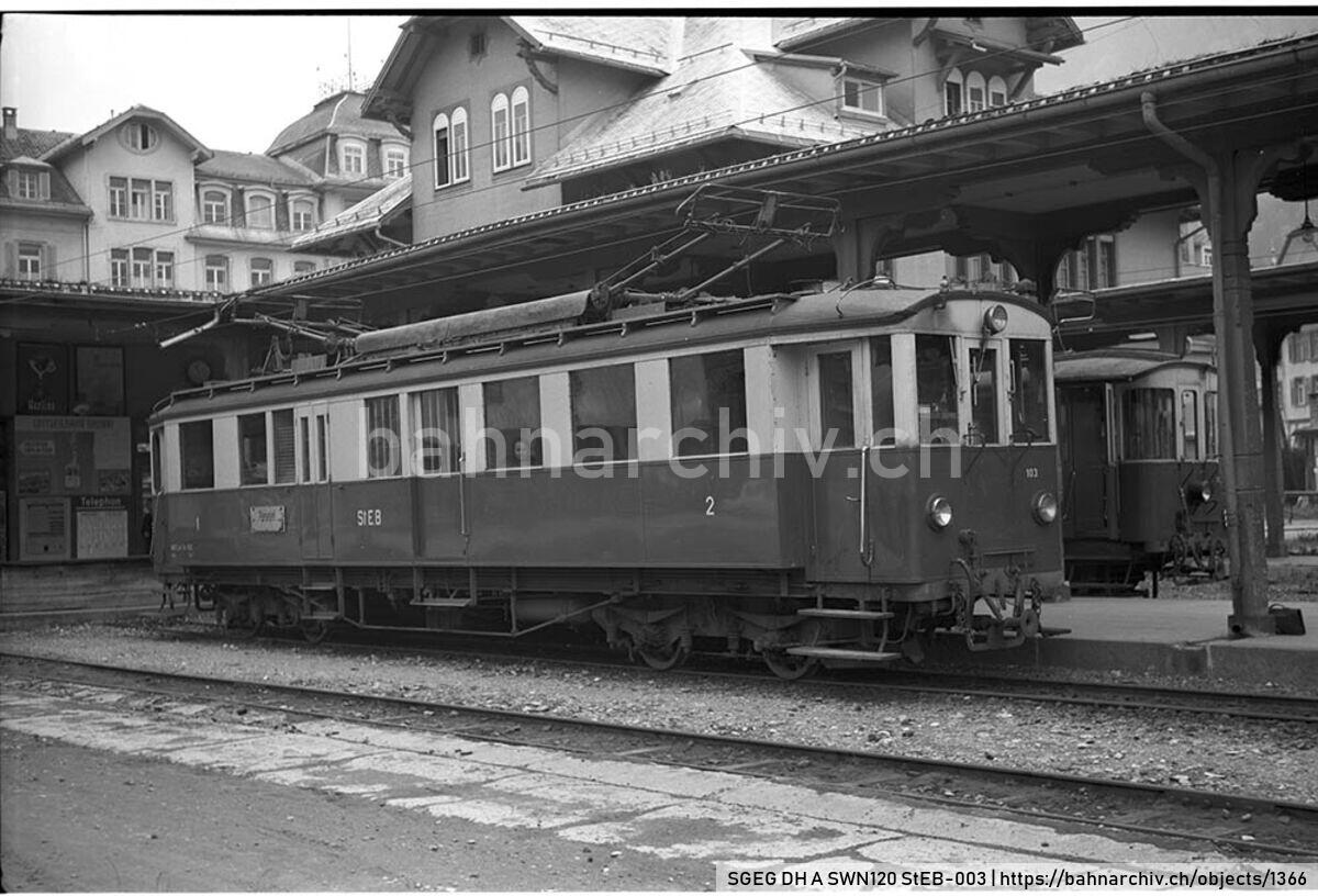 SGEG DH A SWN120 StEB-003: Zug der Elektrischen Bahn Standsstad-Engelberg (StEB) mit Triebwagen ABFZeh 2/4 103 in Engelberg