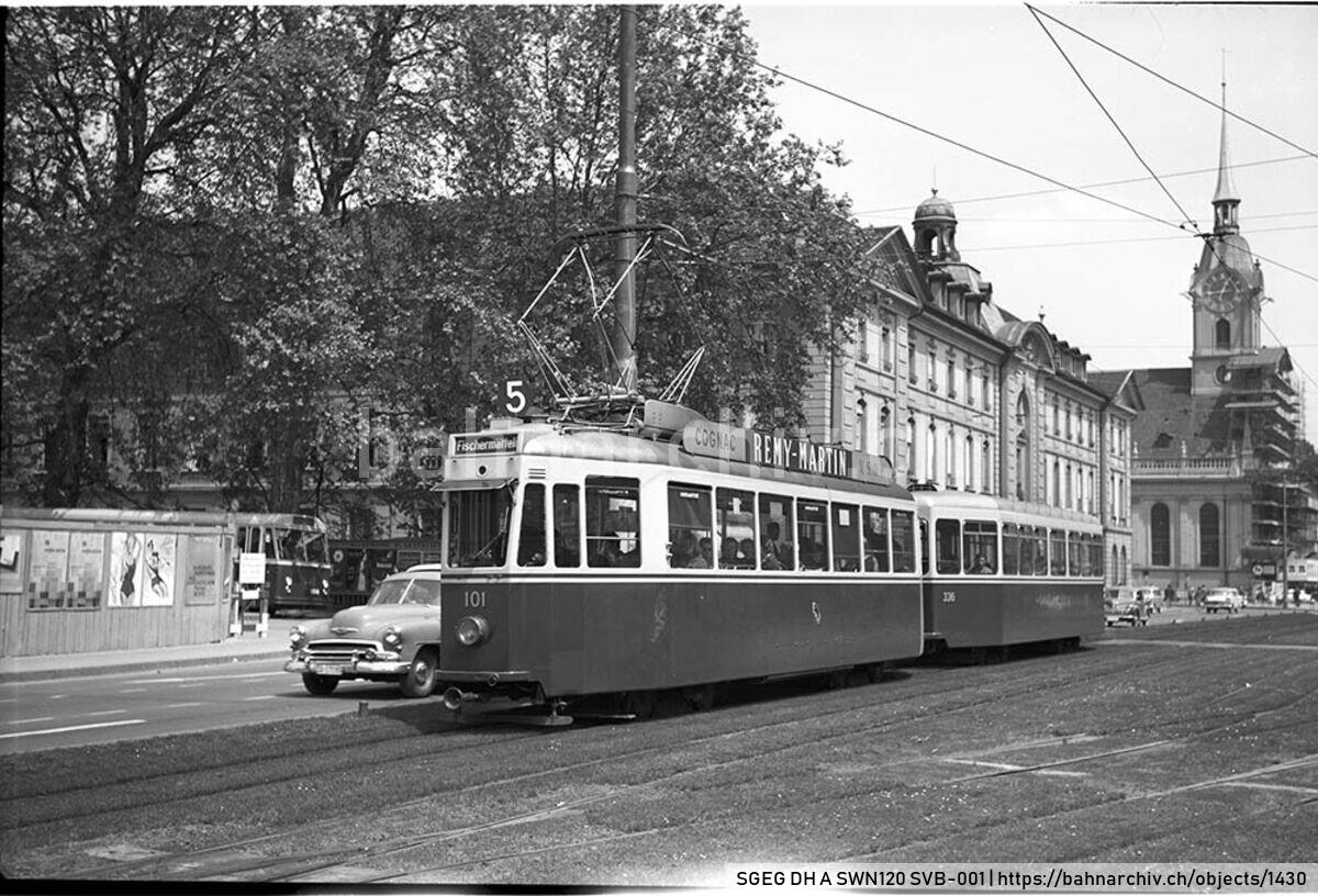SGEG DH A SWN120 SVB-001: Zug der Städtischen Verkehrsbetriebe Bern (SVB) mit Triebwagen Be 4/4 101 und Anhänger B 336 in Bern