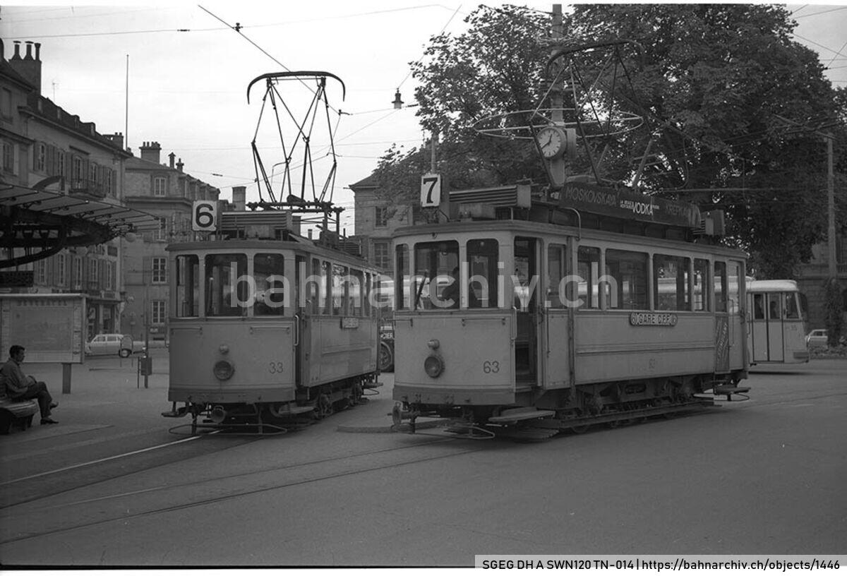 SGEG DH A SWN120 TN-014: Triebwagen Be 2/2 33 und Be 2/2 63 der Compagnie des Tramways de Neuchâtel (TN) in Neuchâtel