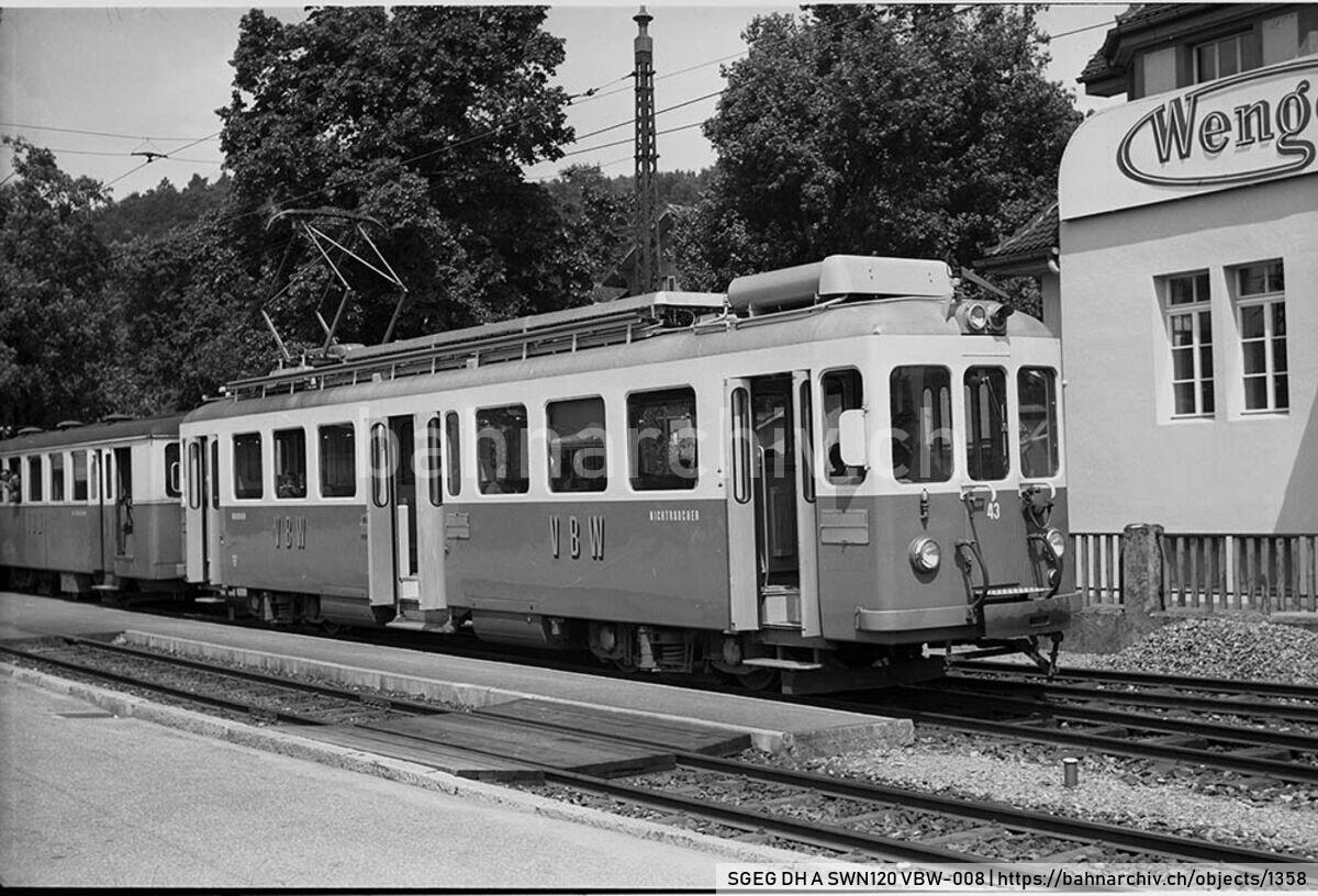 SGEG DH A SWN120 VBW-008: Zug der Vereinigten Bern-Worb-Bahnen (VBW) mit Triebwagen Be 4/4 43 und Steuerwagen BFt3 80 in Muri bei Bern