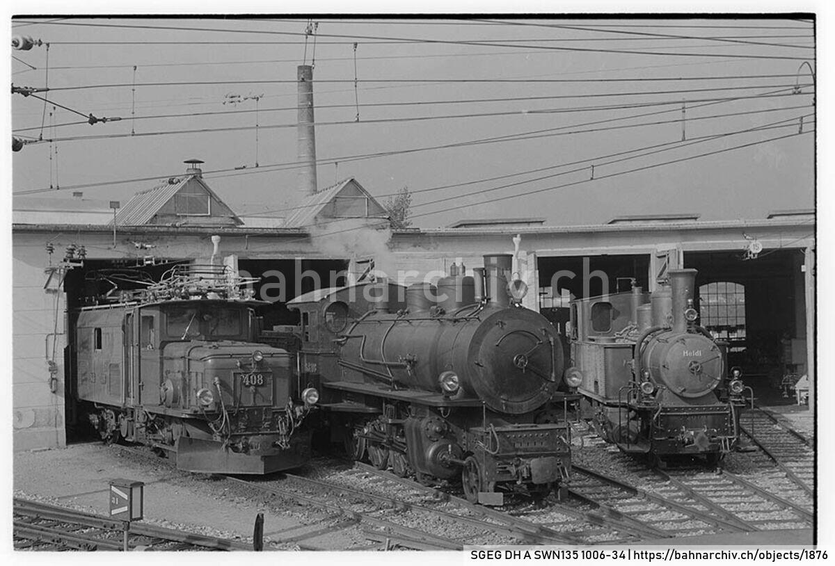 SGEG DH A SWN135 1006-34: Die Lokomotiven Ge 6/6 I 408, G 4/5 108 und G 3/4 11 "Heidi" der Rhätischen Bahn (RhB) in Igis